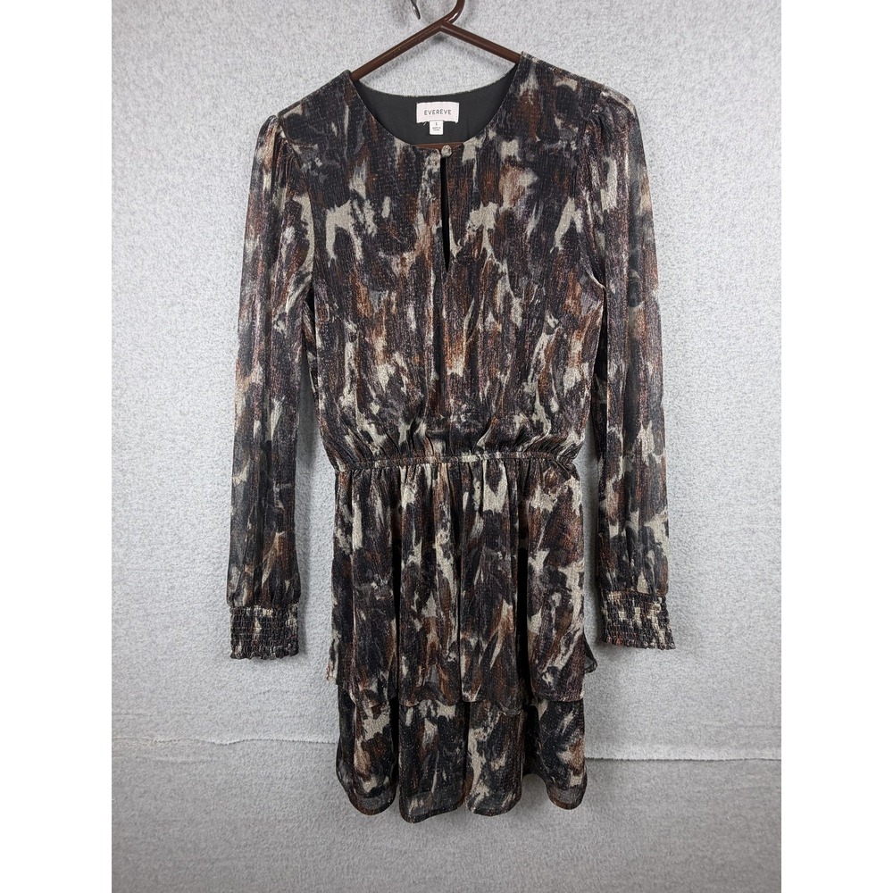 Evereve Dress Womens Small Multicolor Animal Print Tiered Long‎ Sleeve Mini